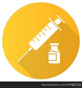 Vaccination yellow flat design long shadow glyph icon. Medical injection. Contraceptive syringe. STI precaution procedure. Safe sex. Healthcare. Pharmaceutical vial. Vector silhouette illustration