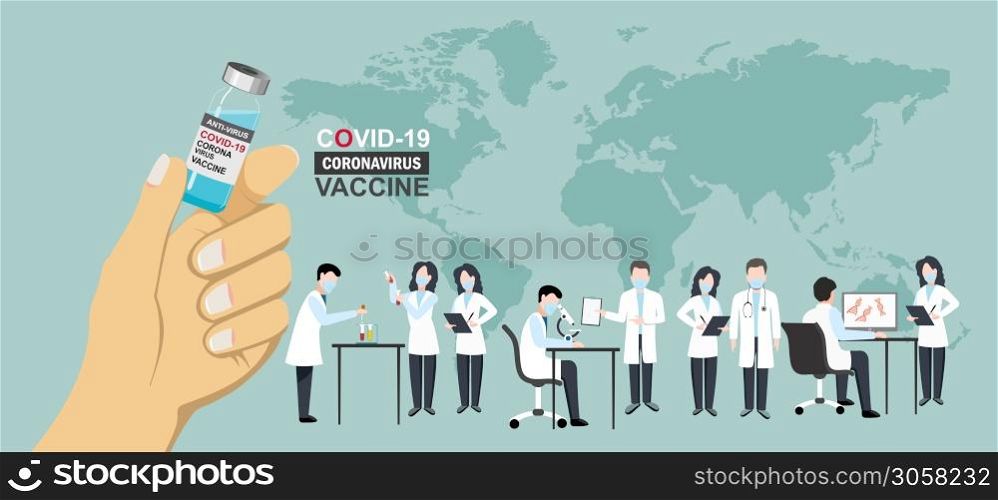 Vaccine antiviral. medical test vaccine research, development. Scientist in laboratory analyzes a sample of Coronavirus antibody to produce drug treatment for COVID-19. vector on world map background.