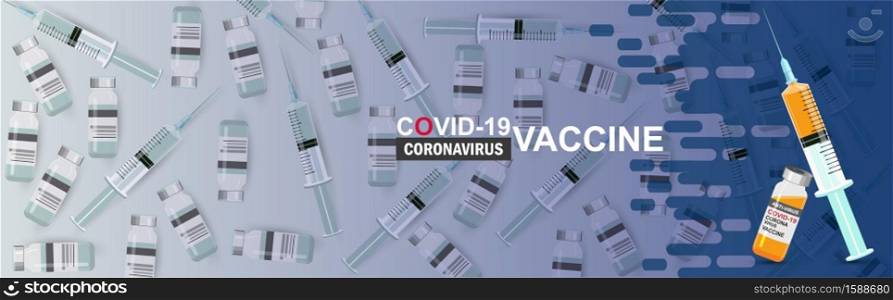 Vaccine antiviral. Medicine bottle and syringe. vials and syringe for the injection vaccine. for Web Banner Design, Banner background. Covid19 coronavirus vaccine concept.