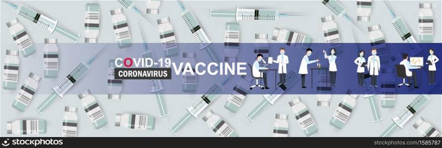 Vaccine antiviral. vials and syringe for the injection vaccine. and Scientists in laboratory medical test vaccine research and development. for Web Banner Design, Covid19 coronavirus vaccine concept.