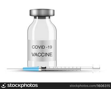 Vaccine bottle and syringe, Corona virus Covid 19 vaccine, isolated on white background, vector illustration