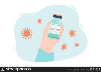 Vaccine bottle in hands flat vector illustration. Coronavirus or flu vaccine. Germs in background. Vaccination, medicine, virus, health, immunization, epidemic concept