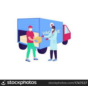 Vaccine courier with doctor flat color vector faceless characters. Medication shipment. Pharmacy delivery. Drug distribution isolated cartoon illustration for web graphic design and animation. Vaccine courier with doctor flat color vector faceless characters