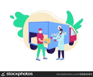 Vaccine delivery flat concept vector illustration. Covid drug distribution. Medication shipment. Courier giving package to doctor 2D cartoon characters for web design. Healthcare creative idea. Vaccine delivery flat concept vector illustration