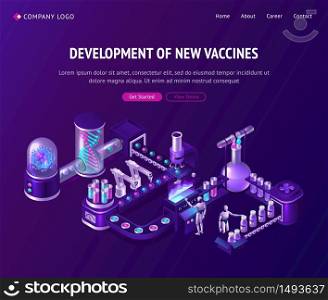 Vaccine development in laboratory isometric landing page, ai cyborgs managing conveyor belt with robotics arms, covid19 virus cell, medical bottles and huge dna spiral projection, 3d vector web banner. Vaccine development laboratory isometric landing