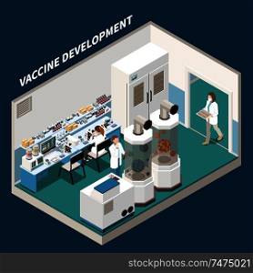 Vaccine development isometric background with scientists  engaged in scientific research and experiments in laboratory of experimental medicine vector illustration