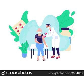 Vaccine injection flat concept vector illustration. Covid treatment. Drug inoculation. Immunization for health boost. Women in clinic 2D cartoon characters for web design. Vaccination creative idea. Vaccine injection flat concept vector illustration