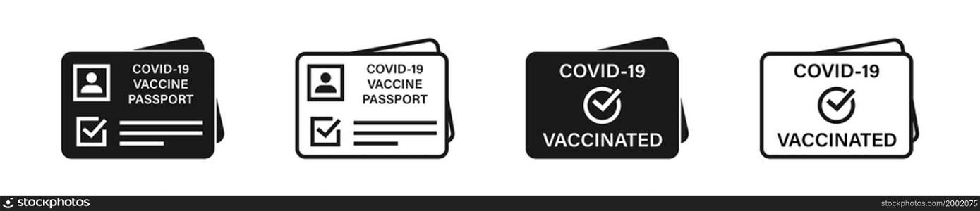 Vaccine passport icon set. Vaccine certificate card.