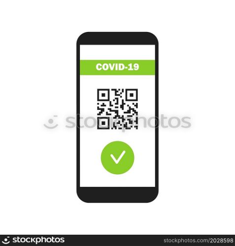 Vaccine passport on smartphone screen. Green immunity certificate. Health passport on digital screen with QR code. Flat style. Vector illustration