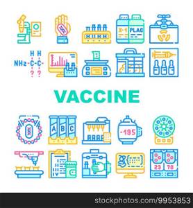 Vaccine Production Collection Icons Set Vector. Electronic Microscope And Thermoreactor Equipment, Dna Vaccine And Search Formula Concept Linear Pictograms. Contour Color Illustrations. Vaccine Production Collection Icons Set Vector Flat