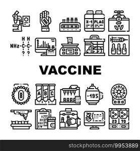 Vaccine Production Collection Icons Set Vector. Electronic Microscope And Thermoreactor Equipment, Dna Vaccine And Search Formula Black Contour Illustrations. Vaccine Production Collection Icons Set Vector Flat