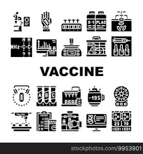 Vaccine Production Collection Icons Set Vector. Electronic Microscope And Thermoreactor Equipment, Dna Vaccine And Search Formula Glyph Pictograms Black Illustrations. Vaccine Production Collection Icons Set Vector Flat