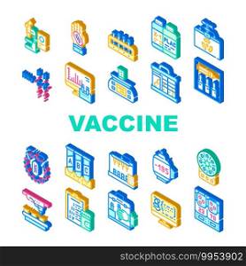 Vaccine Production Collection Icons Set Vector. Electronic Microscope And Thermoreactor Equipment, Dna Vaccine And Search Formula Isometric Sign Color Illustrations. Vaccine Production Collection Icons Set Vector Flat