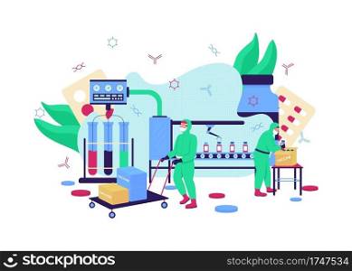 Vaccine production flat concept vector illustration. Pharmaceutical manufacture. Drug development. Factory workers 2D cartoon characters for web design. Medical laboratory creative idea. Vaccine production flat concept vector illustration