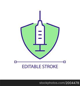 Vaccine providing strong protection RGB color icon. Safeguarding immune system. Vaccine effectiveness. Protect against covid. Isolated vector illustration. Simple filled line drawing. Editable stroke. Vaccine providing strong protection RGB color icon