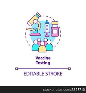 Vaccine testing concept icon. Work upon antidot. Things to be tested abstract idea thin line illustration. Isolated outline drawing. Editable stroke. Arial, Myriad Pro-Bold fonts used. Vaccine testing concept icon