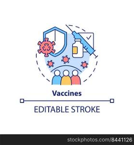 Vaccines concept icon. Booster injection. Pandemic preparedness clinical research abstract idea thin line illustration. Isolated outline drawing. Editable stroke. Arial, Myriad Pro-Bold fonts used. Vaccines concept icon