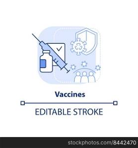 Vaccines light blue concept icon. Pandemic preparedness clinical research abstract idea thin line illustration. Isolated outline drawing. Editable stroke. Arial, Myriad Pro-Bold fonts used. Vaccines light blue concept icon