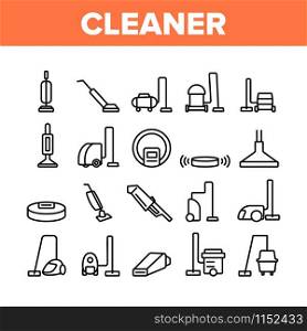 Vacuum Cleaner Device Collection Icons Set Vector Thin Line. Industrial And Household, Handheld And Robotic, Canister Cleaner Home Appliance Concept Linear Pictograms. Monochrome Contour Illustrations. Vacuum Cleaner Device Collection Icons Set Vector