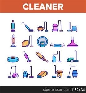 Vacuum Cleaner Device Collection Icons Set Vector Thin Line. Industrial And Household, Handheld And Robotic, Canister Cleaner Home Appliance Concept Linear Pictograms. Color Contour Illustrations. Vacuum Cleaner Device Collection Icons Set Vector