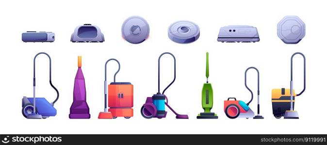Vacuum cleaner robot. Smart device for home and office cleaning, household automation equipment, cyclone hoover machine. Vector isolated set. Professional tools and gadgets for housekeeping. Vacuum cleaner robot. Smart device for home and office cleaning, household automation equipment, cyclone hoover machine. Vector isolated set
