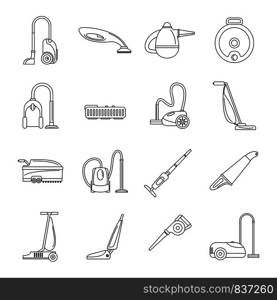 Vacuum cleaner washing appliance icons set. Outline illustration of 16 vacuum cleaner washing appliance vector icons for web. Vacuum cleaner washing icons set, outline style