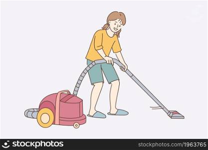Vacuum cleaning and housework concept. Smiling girl cartoon character standing making vacuum cleaning at work vector illustration . Vacuum cleaning and housework concept