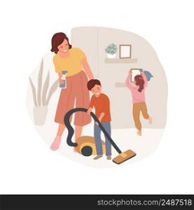 Vacuum cleaning isolated cartoon vector illustration. Kid and mom vacuum cleaning in a living room, home maintenance, doing housework together, daily routine, house appliance vector cartoon.. Vacuum cleaning isolated cartoon vector illustration.