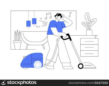 Vacuum cleaning isolated cartoon vector illustrations. Young man listening to music and vacuum cleaning in the living room, home routine, daily chores, housekeeping equipment vector cartoon.. Vacuum cleaning isolated cartoon vector illustrations.