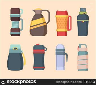 Vacuum flask. Steel mug and thermos for water or liquids containers bottles for coffee and food vector flat pictures. Illustration stainless thermos, thermo vacuum-bottle, vacuum-flask container. Vacuum flask. Steel mug and thermos for water or liquids containers bottles for coffee and food vector flat pictures