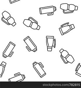 Vacuum Flasks And Bottles Vector Color Icons Seamless Pattern. Eco Flasks, Takeaway Hot Drink Linear Symbols Pack. Metal Container For Takeout Coffee And Tea. Travel Mugs And Cups Illustration. Vacuum Flasks And Bottles Vector Seamless Pattern