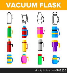 Vacuum Flasks And Bottles Vector Color Icons Set. Eco Flasks, Takeaway Hot Drink Linear Symbols Pack. Metal Container For Takeout Coffee And Tea. Travel Mugs And Cups Isolated Flat Illustrations. Vacuum Flasks And Bottles Vector Color Icons Set