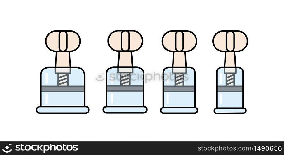 Vacuum glass cans with a screw. Massage jars for face and body. Medical anticellulite cups. Set of vector illustrations in linear style. Isolated on white background. Vacuum glass cans with a screw. Massage jars for face and body. Medical anticellulite cups.