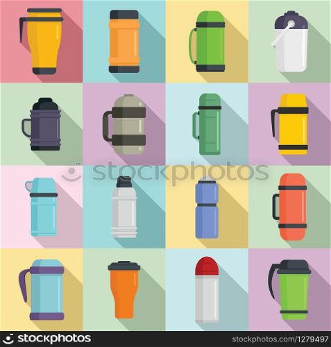 Vacuum insulated water bottle icons set. Flat set of vacuum insulated water bottle vector icons for web design. Vacuum insulated water bottle icons set, flat style