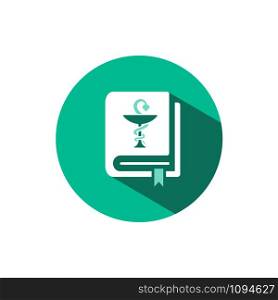 Vademecum icon with shadow on a green circle. Flat color vector pharmacy illustration