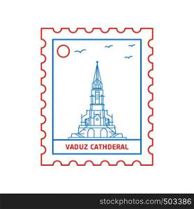 VADUZ CATHDERAL postage stamp Blue and red Line Style, vector illustration