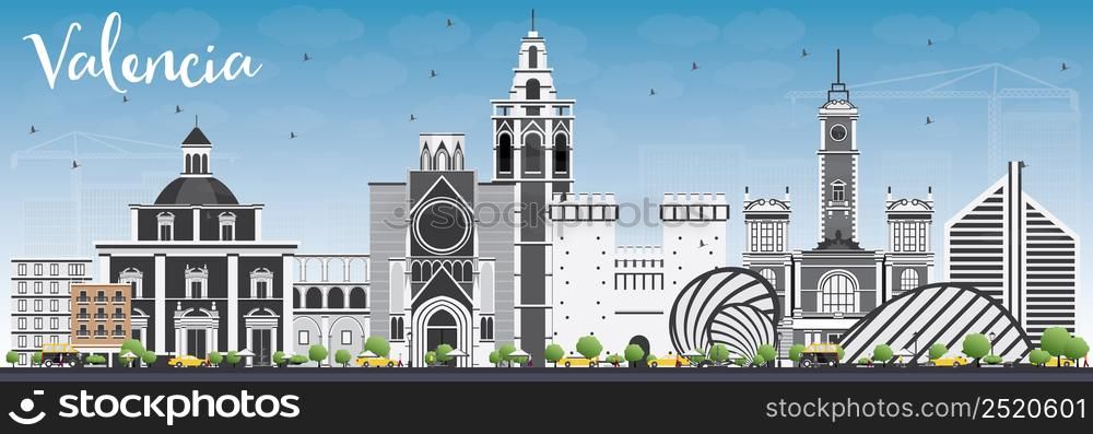 Valencia Skyline with Gray Buildings and Blue Sky. Vector Illustration. Business Travel and Tourism Concept with Historic Architecture. Image for Presentation Banner Placard and Web Site.