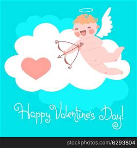 Valentine&#39;s Day card with cute Cupids and hearts. Vector illustration.