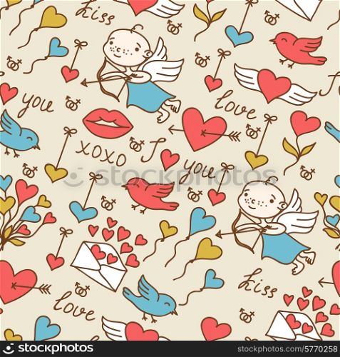 Valentine&#39;s day lovely seamless texture with cute doodles.