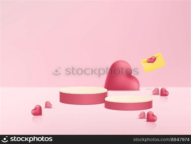 Valentine 3D background with realistic red and pink cylinder pedestal podium. stand mockup product presentation with message wish happy valentine&rsquo;s day sale banner background. 