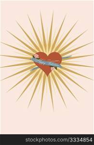 valentine&acute;s day postcard- symbolic heart, ribbon, roses and rays of light
