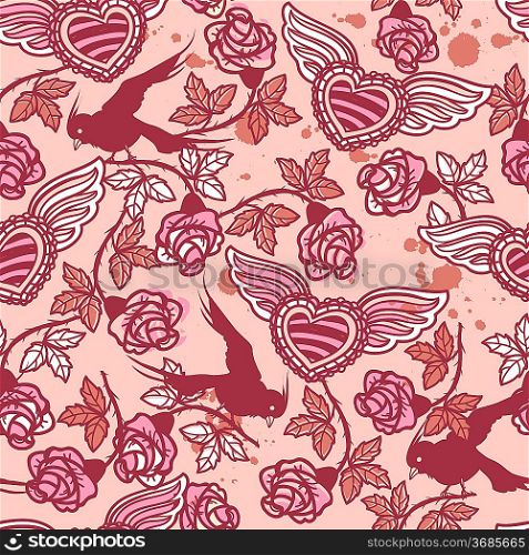 Valentine&acute;s Day vector floral seamless pattern with birds and hearts