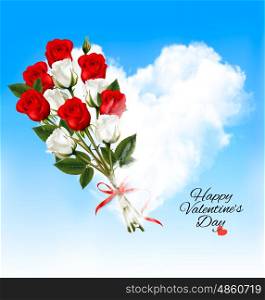 Valentine background with heart cloud and red flowers. Vector.