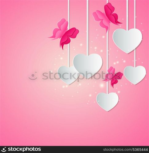 Valentine background with paper hearts and red butterflies