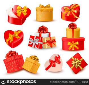 Valentine background with two red hearts and gift bow and ribbons. Vector illustration.