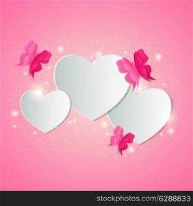 Valentine background with white paper hearts and red butterflies