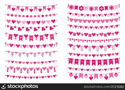 Valentine bunting and garlands, pink hearts decorative flags. Wedding party decoration garland, cute valentines day festive flag vector set. Bright hanging set for romantic holiday. Valentine bunting and garlands, pink hearts decorative flags. Wedding party decoration garland, cute valentines day festive flag vector set