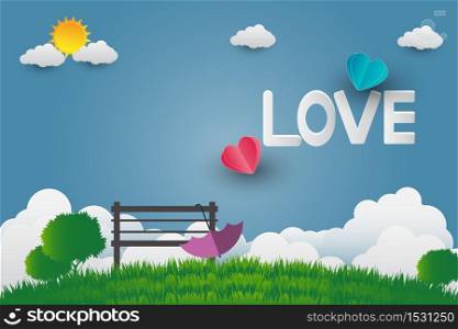 Valentine card day, umbrella with chair in public park bright sky With the letter love,Vector illustration