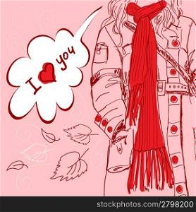 Valentine card. Girl with long red scarf says: &acute;I love you&acute;