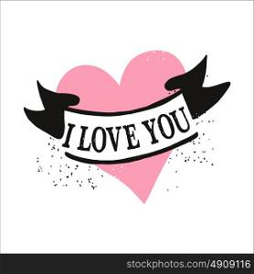 Valentine card with calligraphic lettering. I love you. A pink heart